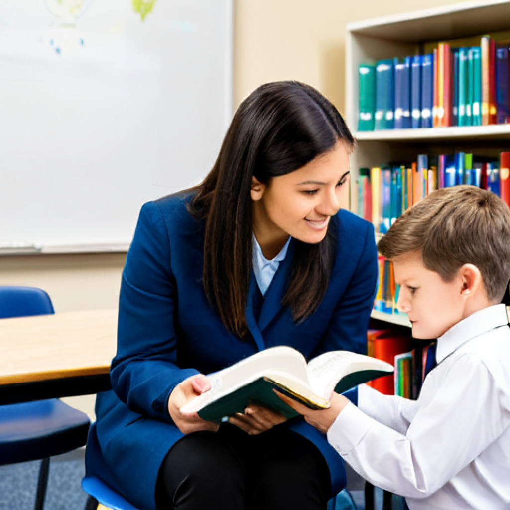 Reading Specialist Assessing a Student**
A reading specialist, fully clothed in professional attire, is sitting next to a young student in a brightly lit classroom. The specialist is holding a running record while the student reads a book. The classroom is filled with bookshelves and educational posters. safe for work, appropriate content, perfect anatomy, natural proportions, family-friendly, high quality, well-formed hands, proper finger count, modest clothing.
**