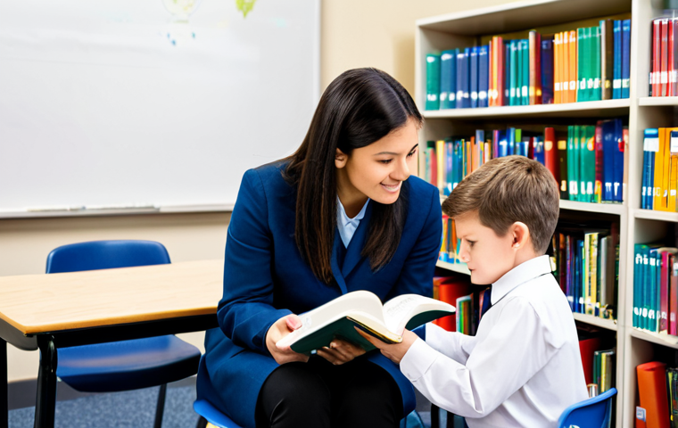 Reading Specialist Assessing a Student**
A reading specialist, fully clothed in professional attire, is sitting next to a young student in a brightly lit classroom. The specialist is holding a running record while the student reads a book. The classroom is filled with bookshelves and educational posters. safe for work, appropriate content, perfect anatomy, natural proportions, family-friendly, high quality, well-formed hands, proper finger count, modest clothing.
**