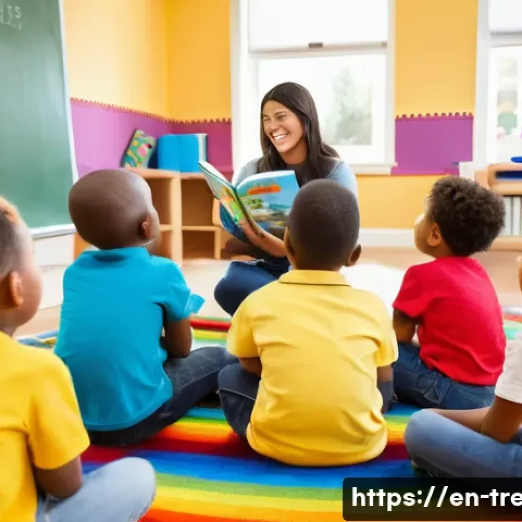 독서지도사 실기 준비 꿀팁 - A warm, bright classroom scene featuring a diverse group of young children sitting in a semi-circle ...