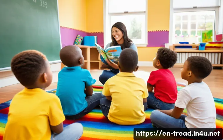 독서지도사 실기 준비 꿀팁 - A warm, bright classroom scene featuring a diverse group of young children sitting in a semi-circle ...