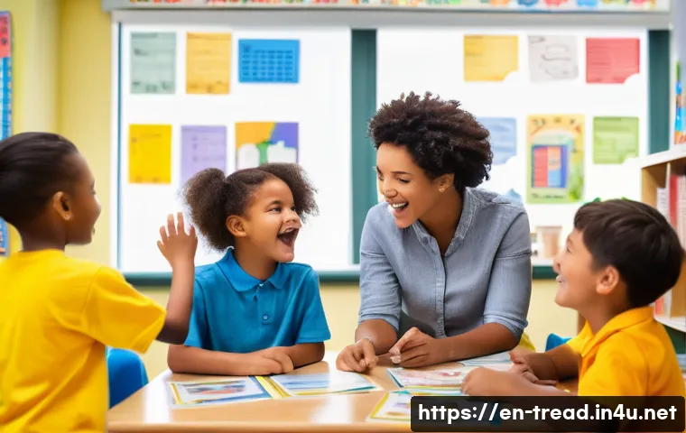 독서지도사 자격증의 장점 - A diverse classroom scene featuring a certified reading instructor engaging with a small group of el...