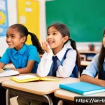 Home 21 독서지도사 자격증 실기 팁 - A bright, modern classroom scene showing a diverse group of elementary students actively participati...