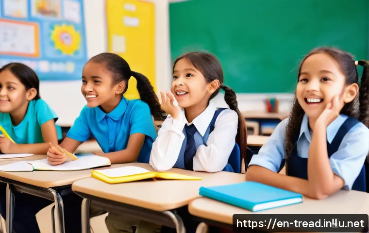 독서지도사 자격증 실기 팁 - A bright, modern classroom scene showing a diverse group of elementary students actively participati...