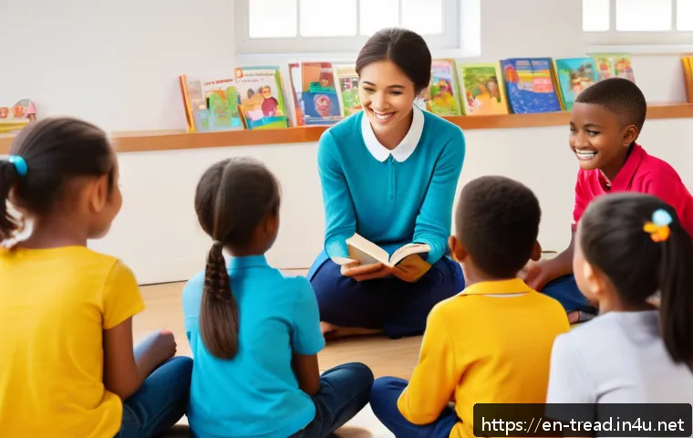 독서지도사 필수 소프트스킬 - A warm and inviting classroom scene showing a diverse group of elementary school students sitting in...
