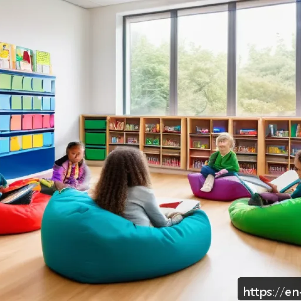 독서지도사 실기시험 체크포인트 - A bright and cozy elementary classroom reading corner featuring a diverse group of young students si...