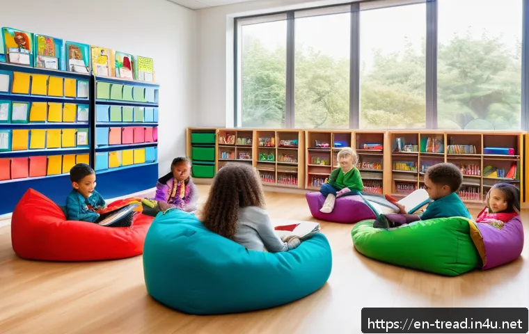 독서지도사 실기시험 체크포인트 - A bright and cozy elementary classroom reading corner featuring a diverse group of young students si...