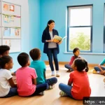 Home 23 독서지도사와 독서치료사의 차이 - A bright, modern classroom scene featuring a diverse group of children aged 7-10, all wearing casual...