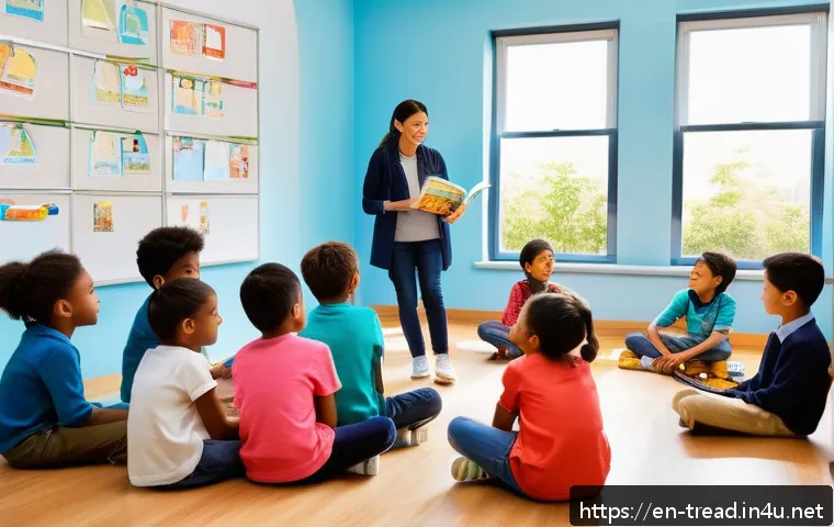 독서지도사와 독서치료사의 차이 - A bright, modern classroom scene featuring a diverse group of children aged 7-10, all wearing casual...