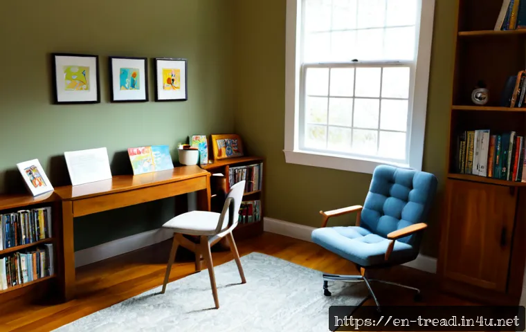독서지도사 학습 환경 꾸미기 - Photorealistic cozy reading tutor study corner in a suburban American home, a light wood desk with n...