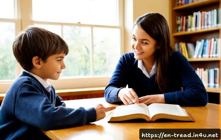 Home 30 독서지도사와 독서습관 관리법 - Photorealistic lifestyle scene of a friendly adult reading tutor guiding a middle-school student at ...
