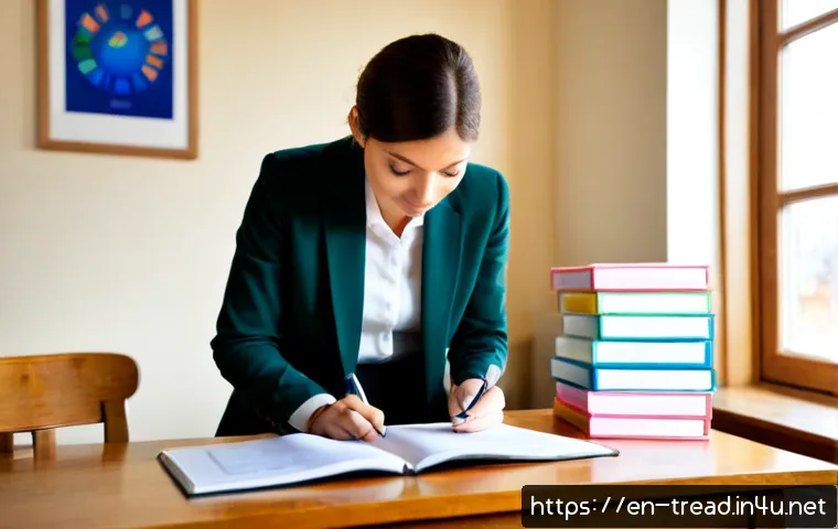 Home 17 독서지도사 업무 효율 높이기 - Photorealistic reading tutor in a bright, organized home office, efficiently planning individualized...